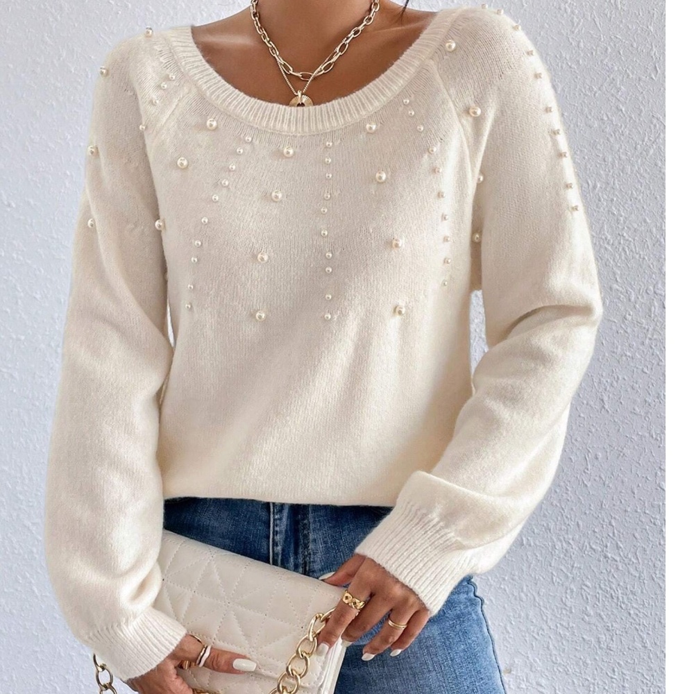Cozy Faux Pearl Oversized Pointelle Knit Sweater Top